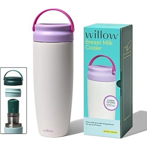 Willow - 25oz Portable Breastmilk Cooler - Keeps Breast Milk Cold for 24 Hours - Stainless Steel - Use w/Included Ice Pack or Ice Cubes - Breastfeeding Essentials - Dishwasher Safe - Alabaster