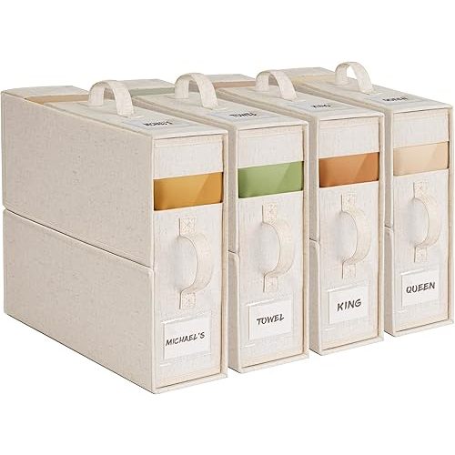 4Pack Linen Sheet Organizers and Storage - King/Queen Size Sheet Storage Organizer with Window, Foldable & Dustproof Sheet Organizer for Linen Closet for Summer Blankets & Sheet Sets,Off-white