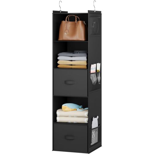 YOUDENOVA Hanging Closet Organizer, 5 Tier Hanging Closet Shelves with 6 Side Pockets and 2 Drawers, Black