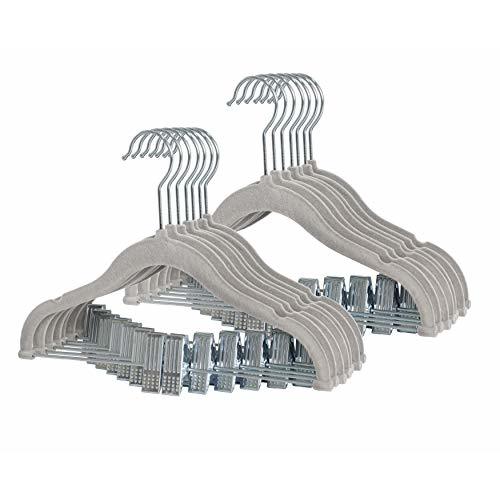 Finnhomy Non-Slip Clothes Hangers for Baby and Kids 20-Pack Velvet Hangers with Movable Clips, Heavy-Duty and Space-Saving for Pants,Skirts, Coat, Gray