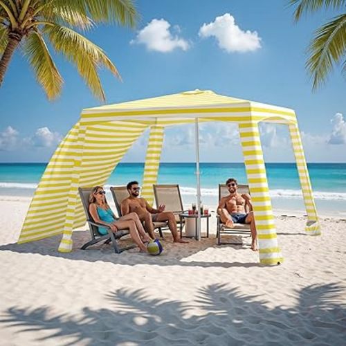 Family Beach Cabana-6.6x6.6’Beach Canopy with Side Wall | Yellow Stripes