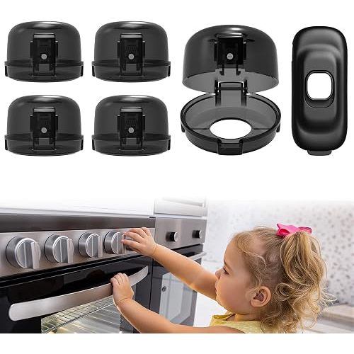 Oven Knob Covers - Heat Resistant Gas Stove Knob Locks with 3M Strong Adhesive, Oven Child Safety Lock for Kids & Pets, Oil & Water Proof, Easy to Use, Black (5+1 Pack)