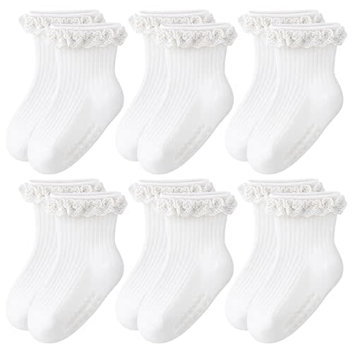 Pistha 6 Pairs Toddler Girls Socks Baby Ruffle Socks with Non Slip Grips | Toddler Girl Socks Ruffle Socks with Grips, Frilly Grippy Cotton Sock for School Dress Sock Daily Wear
