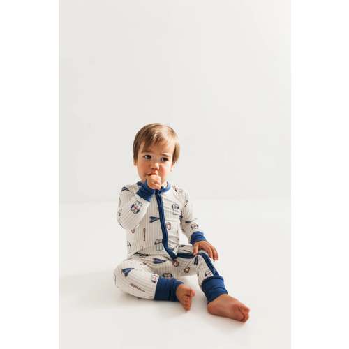 Zipper Romper - Blue Baseball – Bumps N Bundles