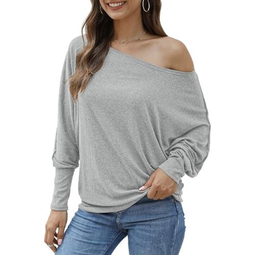 Aifer Women's Off The Shoulder Tops Sexy Long Sleeve Shirts Oversized Fashion Casual Batwing Sweaters Pullover Tunic Tops