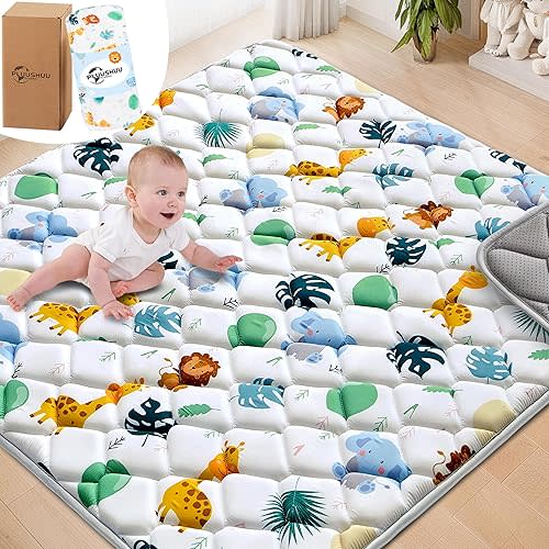 Baby Play Mats for Floor, Playpen Mat for Babies, Extra Thicker & Soft Floor Crawling Mat, Foldable Non-Slip Playmat Cushioned for Infants Toddlers (White-Green, 50x50 Inch)