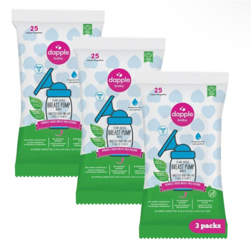 Dapple Baby Breast Pump Wipes - 75 Count (Pack of 3), Fragrance Free, Plant Based & Hypoallergenic - Removes Milk Residue, Leaves No Taste - Convenient Wipes Pouch