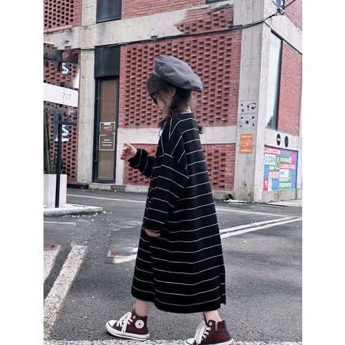 4-5T Girls' Casual Long Sleeve Striped Dress - Soft Plush Fleece, Round Neck, Black & White Vertical Stripes, Perfect for Spring/Fall, Home or Outings, Cute Dresses for Girls, Spring Outerwear, Simple Elegant Style, Comfortable Fit