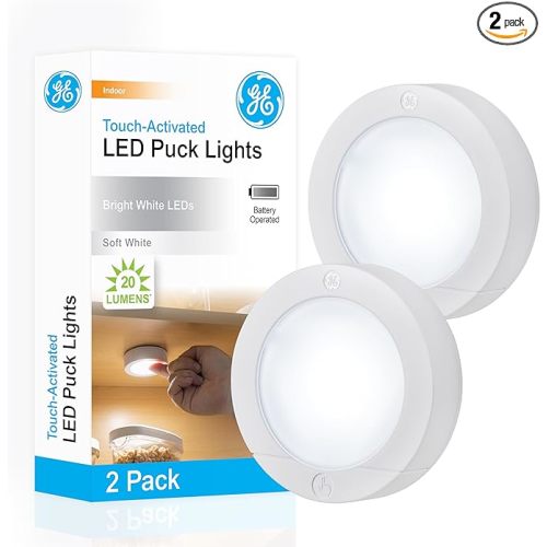 GE Wireless LED Tap-Lights, Battery Operated, 20 Lumens, Touch-Activated Puck Lights, Stick-On for Under Cabinet, Kitchen, Closet, or Garage, 2-Pack 25434