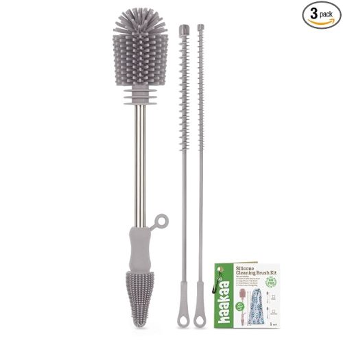 haakaa Silicone Cleaning Brush Kit - SUVA Grey - Bottle Brush for Breast Pumps, Breast Milk Collector, Baby Bottles, Nipples, Breastmilk Storage Bags