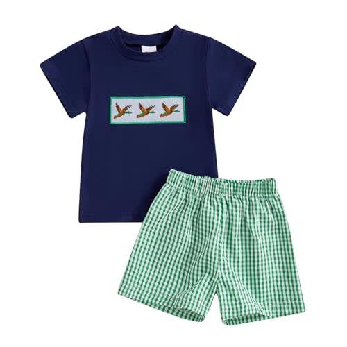 DSOKUHIB Toddler Baby Boy Hunting Outfit Mallard Duck Embroidery Short Sleeve T-Shirt Plaid Shorts 2Pcs Summer Clothes Set