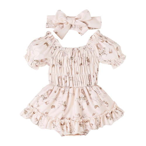 Otqutp Toddler 2024 Clothing 0 to 18 Months Summer Fashion Floral Print Sweet Ruffled Short Sleeved Romper With Headband