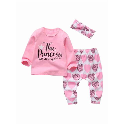 Baby Girl Clothes Long Sleeve Letter Tops Heart Shaped Printed Pants and Headband Outfit Set Pink 3-6 Months