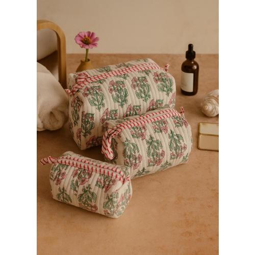 Baby Pink Hand Block Printed Quilted Cotton Pouch Set Floral Travel Toiletry Bag | Handmade Cosmetic Organizer | Makeup Storage