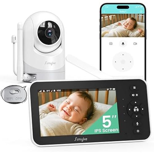 Video Baby Monitor with Camera and Audio,5'' Screen,720P,No Wifi or Free App Mode,Pan-Tilt-Zoom,Lullabies,Feeding Remind,Night Vision,VOX/ECO,2-Way Talk,1500ft Long Range,Easy Setup,30H Battery
