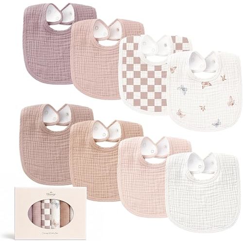 Konssy 8-Pack Muslin Baby Bibs, Adjustable Fit for Drooling and Teething