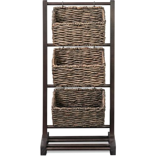 HOMESTEAD 3-Tier Wooden Shelf with Water Hyacinth Woven Baskets – Rattan Shelf Basket, Boho Room Decor, Wooden Book Shelf, Bathroom Storage Shelves, Kitchen, Laundry, Living Room (Dark Brown)