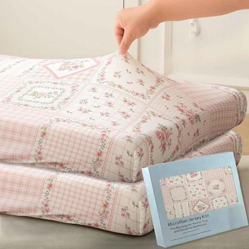 SDY Jersey FloralCrib Sheets for Baby Girls,52”x28”x8,2 Pack,Pink Flower Standard Oval/Retangle Crib Mattress Sheets for Toddler,Super Soft Breathable