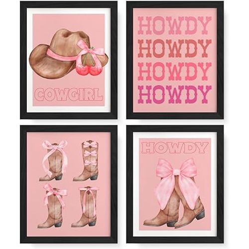 JXREQ Trendy Pink Cowgirl Howdy Wall Art, Coquette Cowgirl Western Wall Art Prints Set of 4, Pink Cherry Bow Dorm Decor, College Dorm Decor for Teen Girl Bathroom Bedroom, 8x10 Unframed