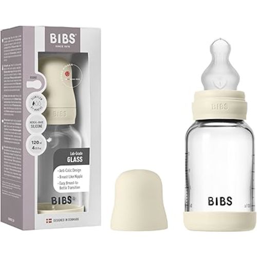 BIBS Glass Baby Bottle, 120 ml, 1-Pack, Silicone Nipple, Ivory