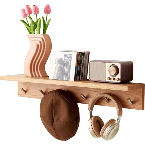 Oak Wood Wall Shelf with 6 Hooks, Entryway Shelf Coat Rack with Hooks Floating Shelves with Hooks for Clothes Hats Towel Purse Robes, Bathroom Mudroom Bedroom (27.5 inch)