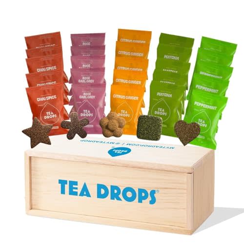 Tea Drops Sampler Box 25 Count | Organic Dissolvable Loose Leaf Tea | Iced or Hot | Microplastic-Free | Naturally Sweetened Organic Chai, Rose Earl Grey, Citrus Ginger, Peppermint, Matcha | 25 Servings - 5 Per Flavor