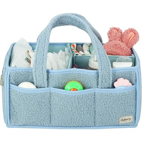 Leilani Baby Co. Diaper Caddy Organizer Large Portable Nursery Storage Basket, Soft Boucle Fabric with Removable Dividers, Zippered Pocket, Blue