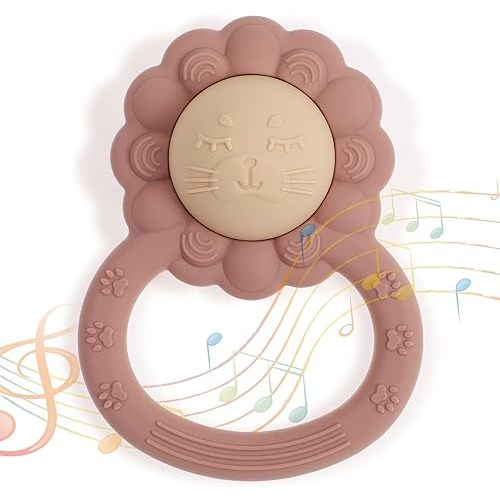 Rattle Teether, Lion Shape Montessori Baby Sensory Teething Toys, Food Grade Silicone BPA Free, Newborn Essentials Must Haves (Shifting Sand Dusty Lilac)