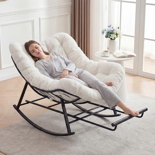 Oversized Papasan Rocking Chair with Cushion, Foot Rest, White | Lounge Chair with Cushion, Patio Egg Rocker Chairs, Comfy Reading Chairs for Living Room, Lawn, Garden, Indoor Outdoor