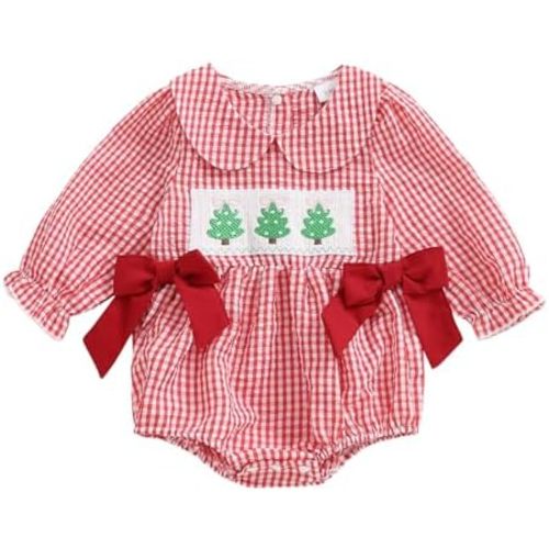 Christmas Baby Girl Clothes Smocked Romper Gingerbread Man Long Sleeve Plaid Jumpsuits Bow Headband Outfits