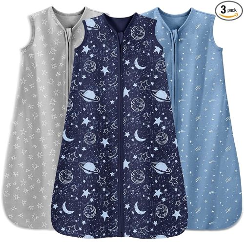 Unnivoll Baby Sleep Sack 0-6 Months 3 Pack 100% Cotton Lightweight 0.5 TOG Wearable Blanket Baby Sleep Bag with 2-Way Zipper for Newborn Infant Blue