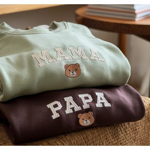Papa Bear Mama Bear Embroidered Crewneck Sweatshirt, Matching Outfits