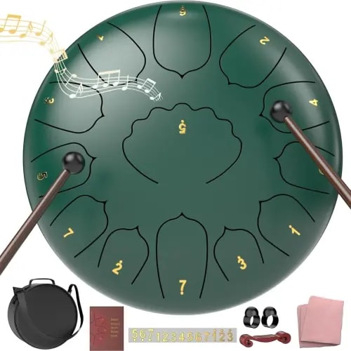 D Major Steel Tongue Drum Handpan, 12 Inch 13 Note Large Rain Drum for Outside Garden, Meditation Rain Chime, Musical Percussion Instrument for Adult Gift with Bag, Music Book, Drum Mallets (Green)