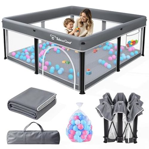 Foldable Baby Playpen with Mat, 50"×50" Collapsible Play Pen for Babies and Toddlers, Indoor & Outdoor Kids Safety Play Pen, Portable Play Yard, Foldable Baby Playpen with 50 Ocean Balls