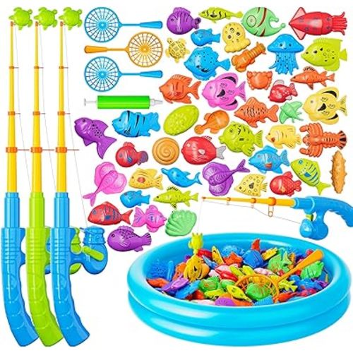 Magnetic Fishing Pool Toys Game for Kids Toddlers 3-5 4-8, Water Table Bathtub Toy with Inflatable Pool Pole Rod Net Plastic Floating Fish, Water Bath Pool Outdoor Toys for Kids Toddlers Baby