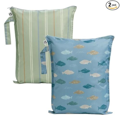 Tiny Twinkle Mess Proof Wet Bags | 2-Pack Reusable Waterproof Wet Bags for Swimsuits | Baby Clothes | Travel & Diaper Bag (Heritage Stripes,Gone Fishing)