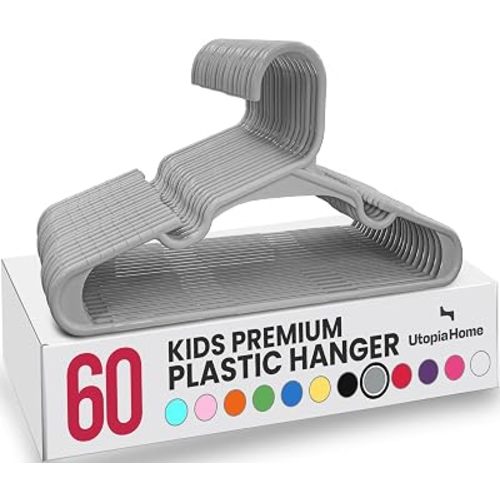 Utopia Home 60 Pack Kids Hangers - Plastic Baby Hangers for Closet - Children's Hangers for Clothes & Infant Hangers for Closet - Ideal for Everyday Standard Use (Grey, Pack of 60)