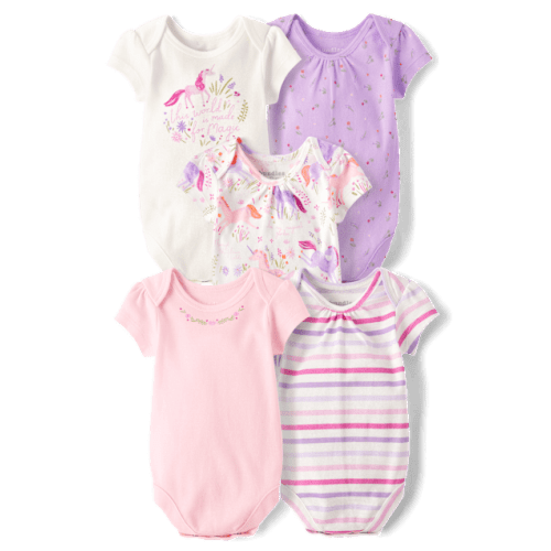 Baby Girls Unicorn Bodysuit 5-Pack - Pink