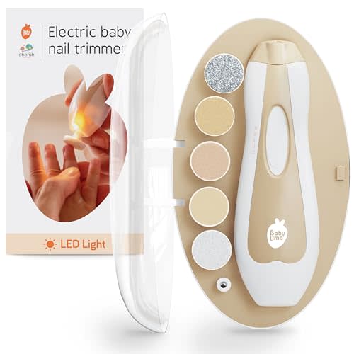 Cherish Baby Care LED Baby Nail Trimmer Electric - Safety Stop (Beige) | Safe electric nail file baby kit with auto-safety stop, LED light, 6 filing discs & travel case for gentle baby nail care.