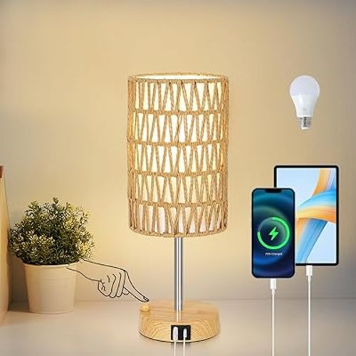 Boho Table Lamp for Bedroom with Bulb, Small Touch Control Table Lamp for Living Room with Rattan & Linen Shade, 3 Way Dimmable Bedside Lamp for Nightstand with USB Charging Port & Phone Stand