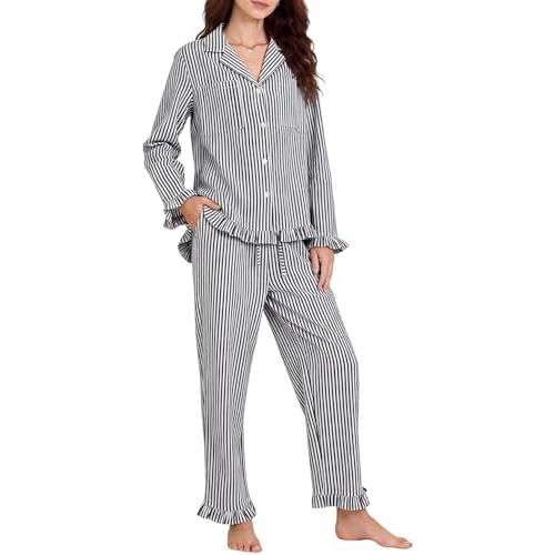 Yimoon Womens Striped Pajamas Set 2 Piece Cotton Ruffle Pjs Sets