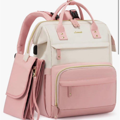 LOVEVOOK Diaper Bag Backpack, Baby Bag with Changing Station, Large Diaper Backpack for Moms Dads, Waterproof Leather Accents Baby Boy and Girl Bag for Travel Baby Essentials, Pink-Beige