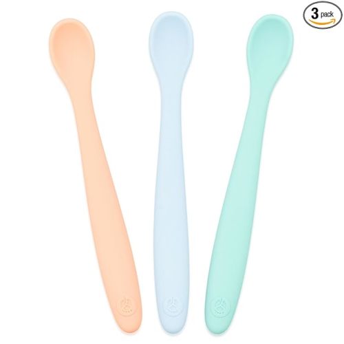 WeeSprout Silicone Baby Spoons - First Stage Infant Feeding Utensils With Soft-Tip, Bendable Kitchenware for Parent & Self-Feeding, Ultra-Durable, Dishwasher Safe, Travel Case, Set of 3