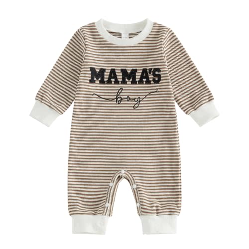 Newborn Baby Boy Fall Clothes Mamas Boy Letter Embroidery Long Sleeve Romper Waffle Stripe Winter Jumpsuit Oneise