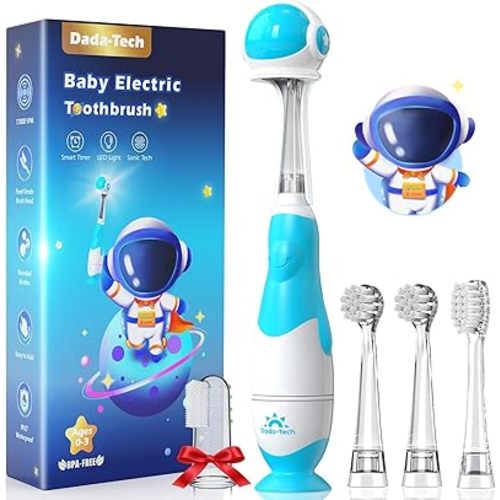 Toddler Electric Toothbrush Kids Age 1-2-3 Years Old, Infants & Baby Electric Toothbrush with Finger Tooth Brush, Cute Cover, LED Light, 2 Minutes Timer, 4 Brush Heads, Suction Cup (Blue Astronaut)