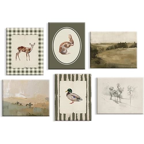 Vintage Nursery Wall Art Baby Boy Room Canvas Wall Decor Hunting Animal Prints Kids Poster Deer Duck Pictures Nursery Neutral Artwork Rabbit Painting for Children Bedroom 8x10 Inch Ready to Hang 6Pcs