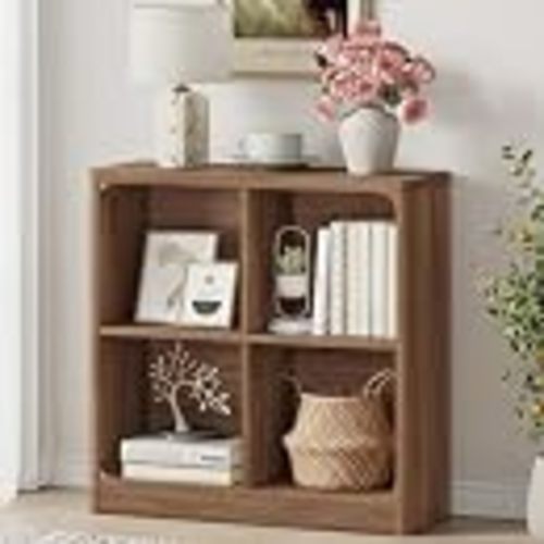 4 Cube Storage Bookcase, Rustic Wood Cube Bookcase Shelf Organizer, Small Storage Bookshelf for Living Room, Home Office, Kids' Room, Bedroom (Walnut)