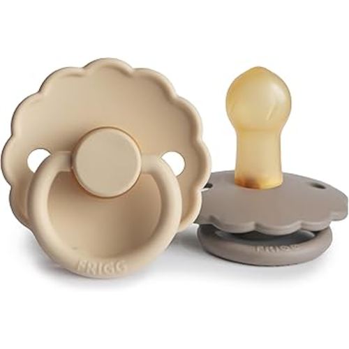 FRIGG Daisy Natural Rubber Baby Pacifier | Made in Denmark | BPA-Free (Croissant/Portobello, 0-6 Months) 2-Pack