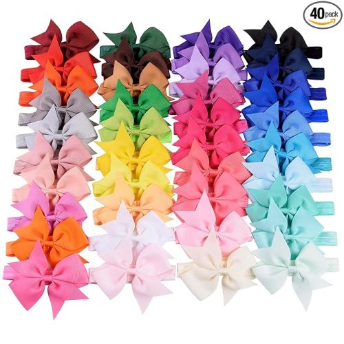 jollybows 40pcs Baby Girls Hair Bows Headbands Grosgrain Ribbon Hair Band Accessories for Infants Newborn Toddler (4In)