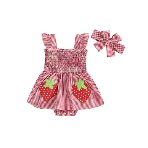 Loicainy Baby Toddler Girl Plaid Romper Dress 3 6 12 18 Months Strawberry Smocked Fly Sleeve Bodysuit with Headband 2 Pcs Summer Outfit